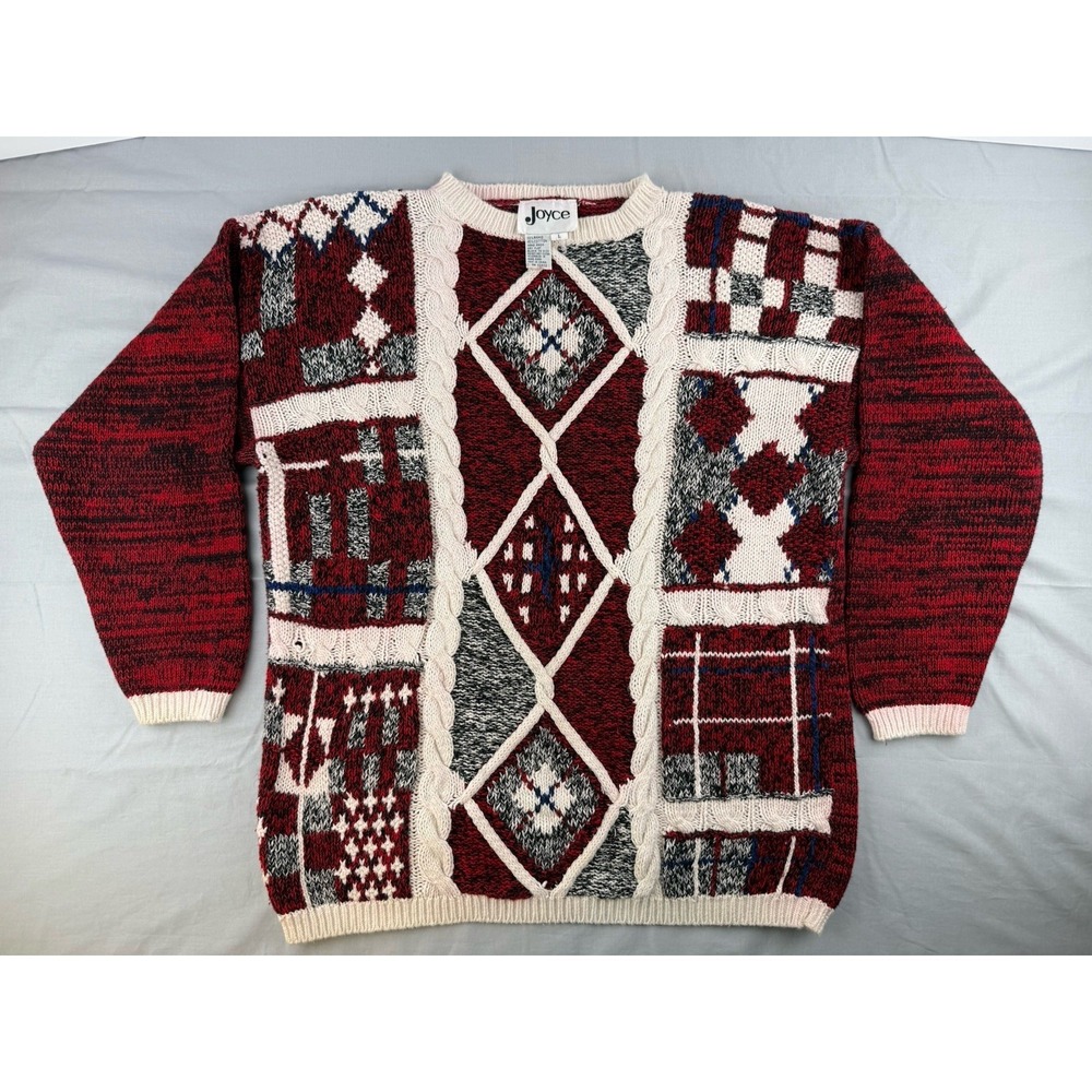 Vintage‎ Joyce Patchwork Knit Sweater L Red Lodge Grandpa Cozy